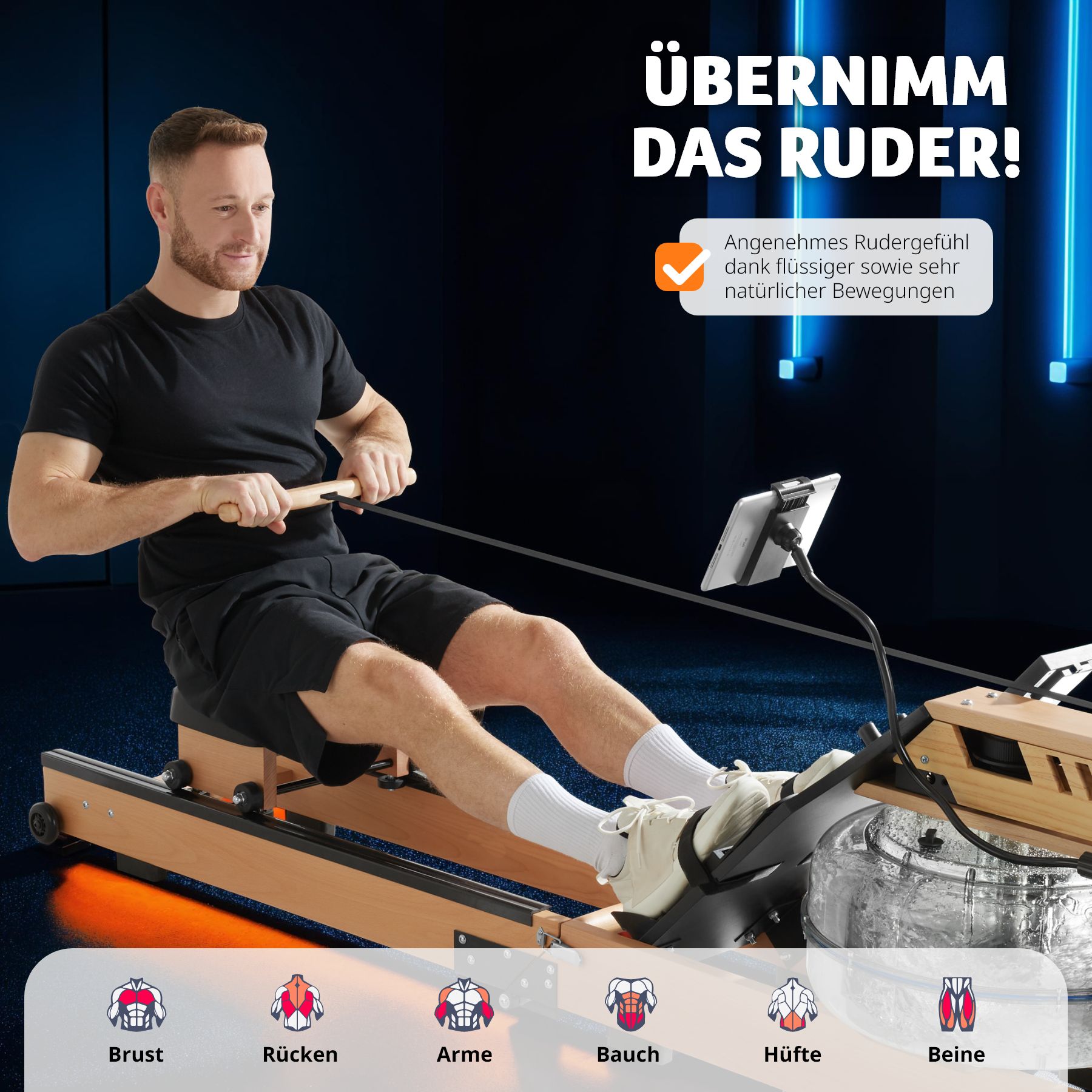 tectake® Holzrudergerät, aus massiver Buche, klappbar, Belastbarkeit 150 kg, inkl. Tablethalterung sowie Trainingscomputer mit Bluetooth und Brustgurt