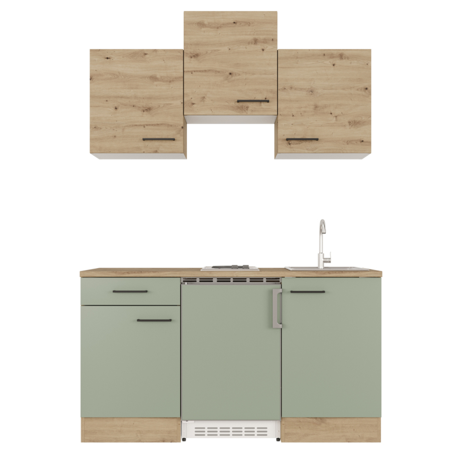 Küchenblock CARA - schilfgrün - Artisan Eiche - mit E-Geräten - 150 cm