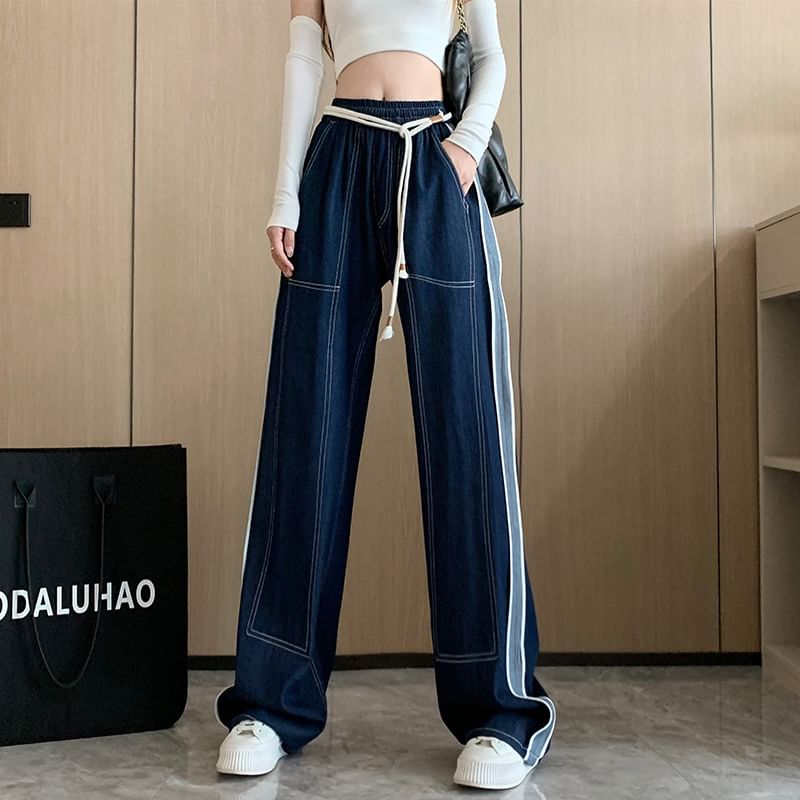 wingsira - High Rise Contrast Trim Wide Leg Jeans