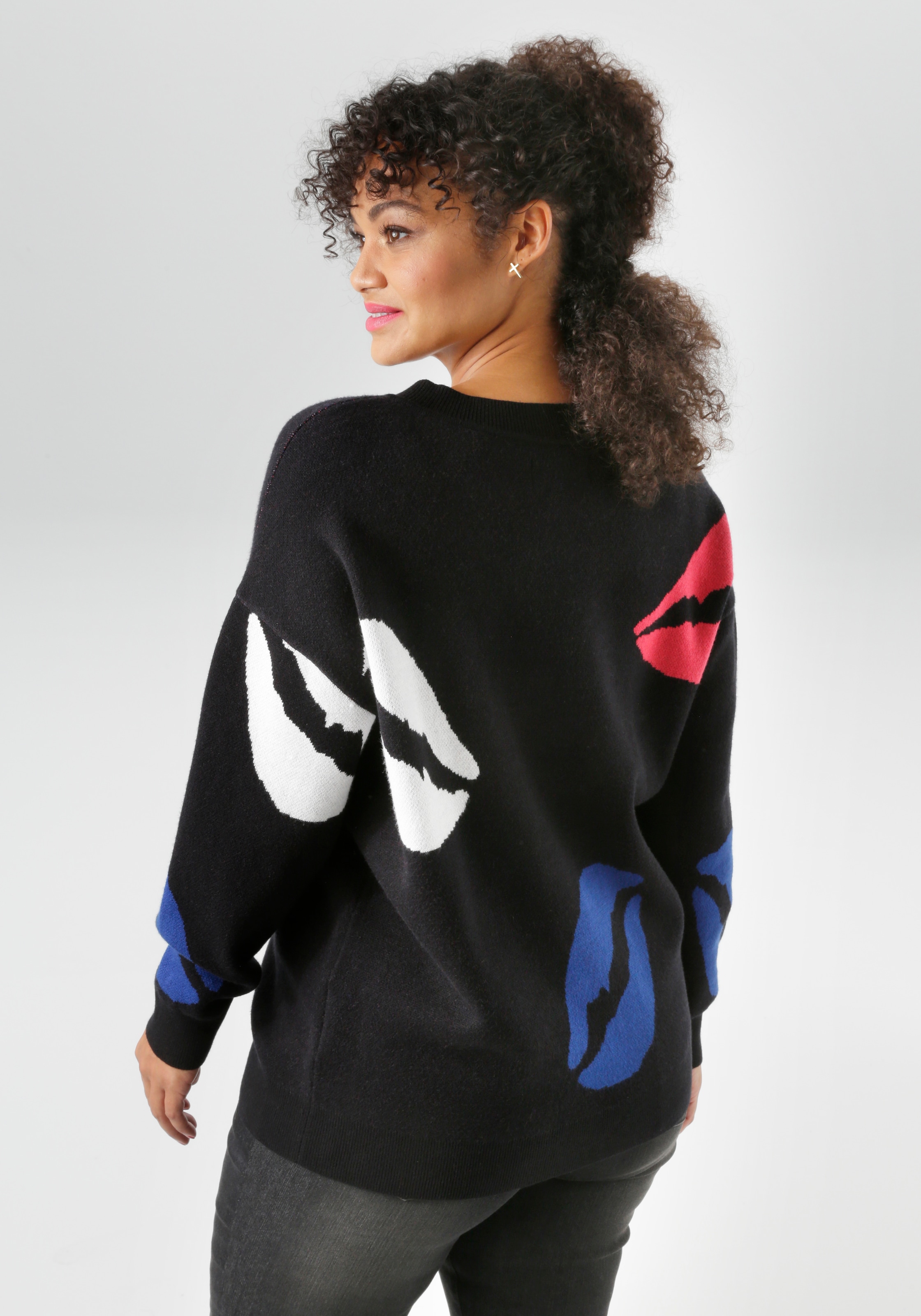 Aniston PLUS Strickpullover , mit eingestrickten farbigen Kussmündern - NEUE KOLLEKTION