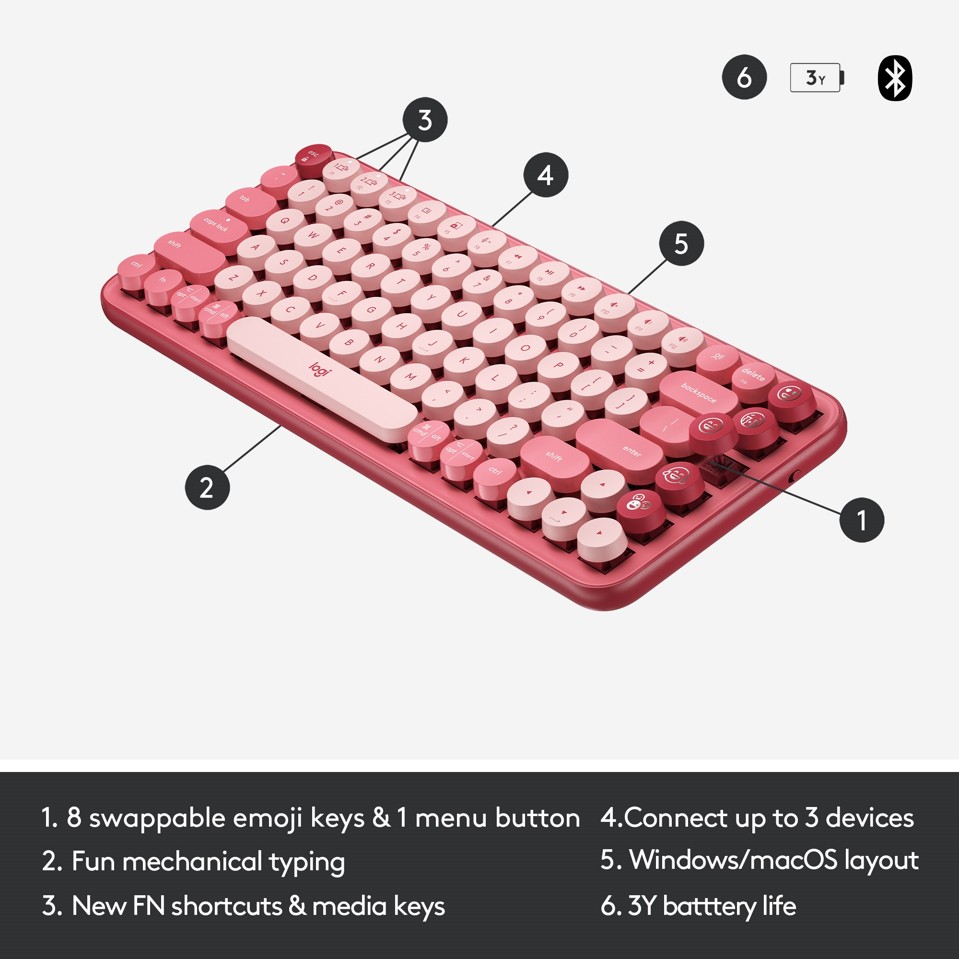 Logitech - POP Keys Wireless Keyboard, Heartbraker Rose (Nordic)