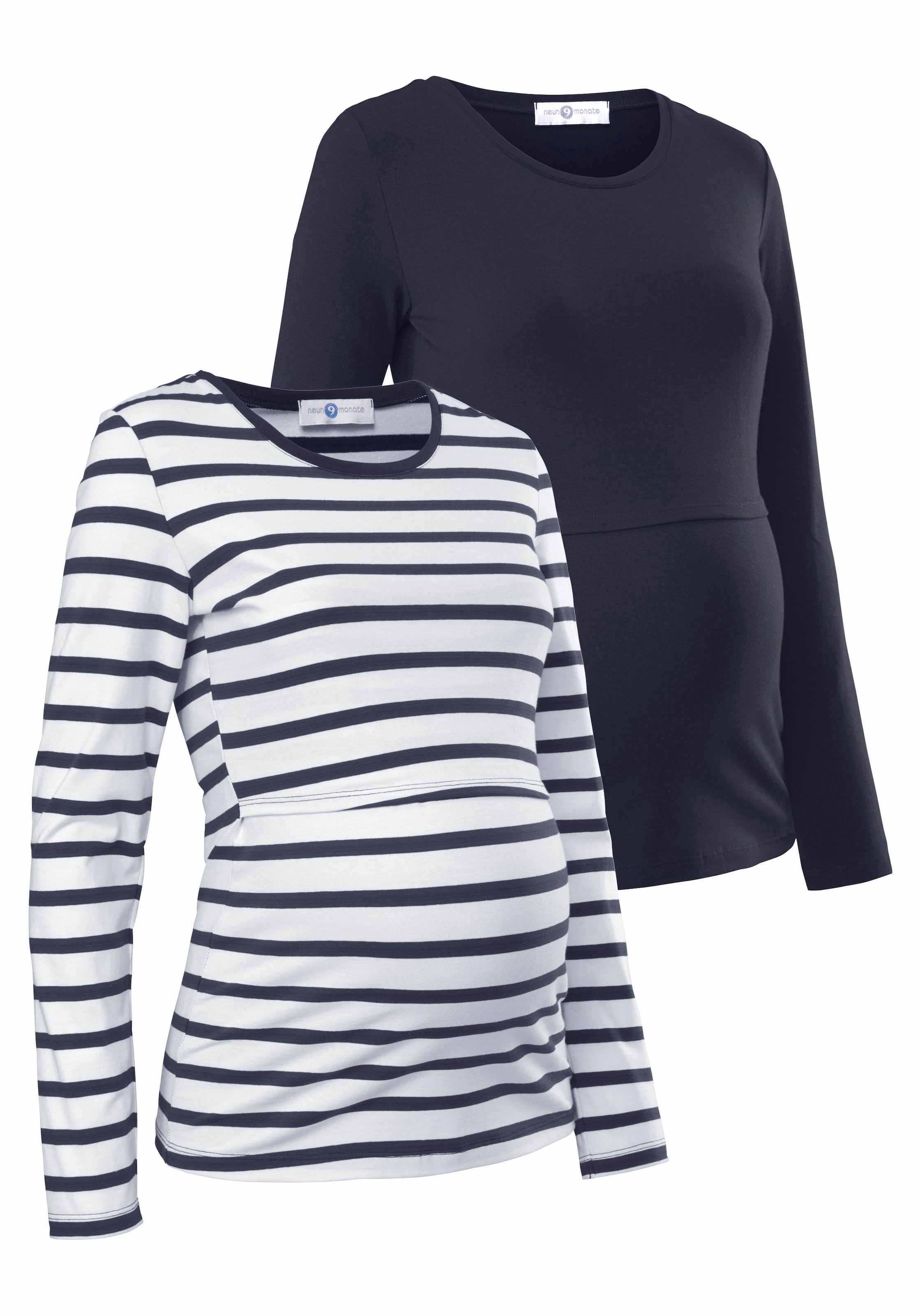 Neun Monate Umstandsshirt », 2er Pack Shirts für Schwangerschaft und Stillzeit«, 2 Stk. Langarm,  figurbetont,  unifarben oder geringelt