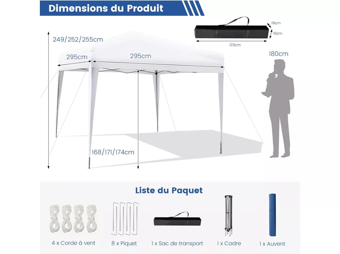 Tonnelle de Jardin Instantanée Pliable 295x295CM, Tente de Jardin Anti-UV Imperméable 3 Hauteurs 249/252/255 cm Sac de Rangement, pour Marché Patio CamBoisg Blanc