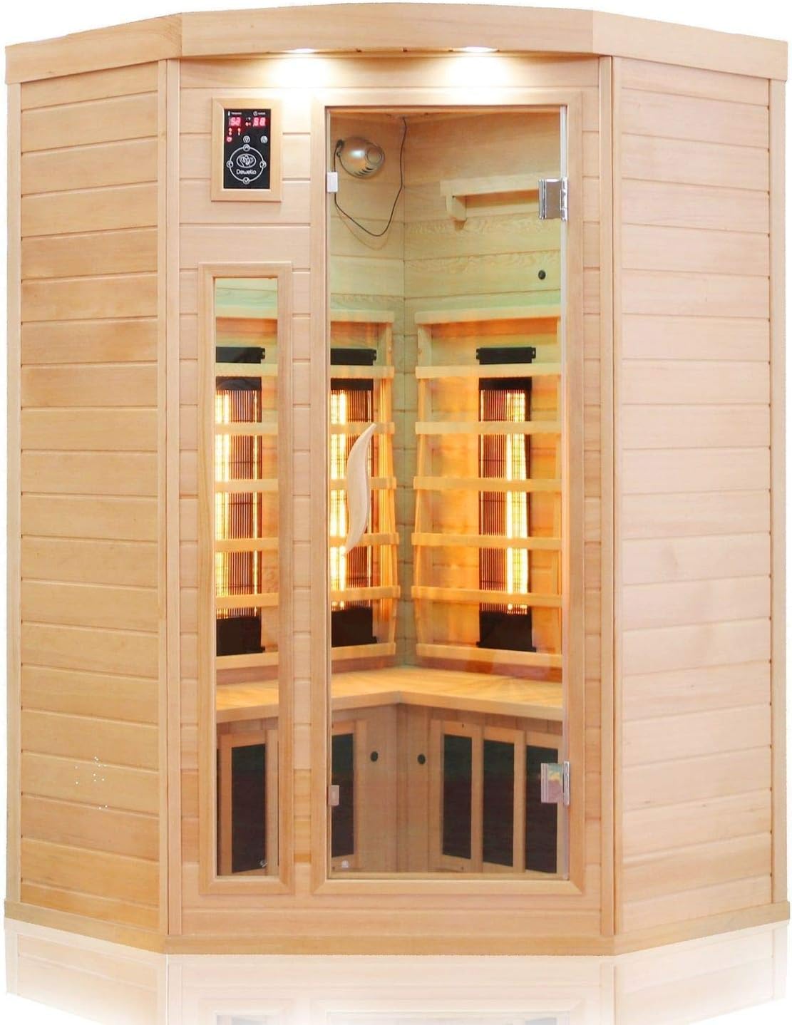 Dewello® Infrarotkabine Infrarotsauna LAKEFIELD 140cm x 140cm für 2-3 Personen aus Hemlock Holz mit Vollspektrumstrahler, LED-Farblicht, Bluetooth, FM,MP3,USB