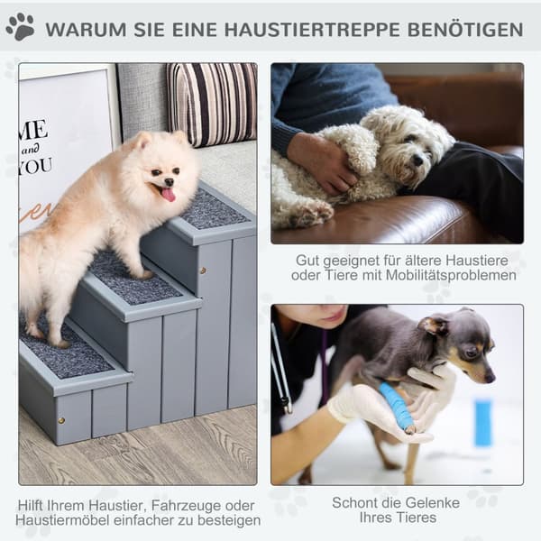 Pet Stairs Hundetrapper Med 3 Trinn Og Teppe, Oppbevaringsplass, Grå, 40,5X44,5X38 Cm