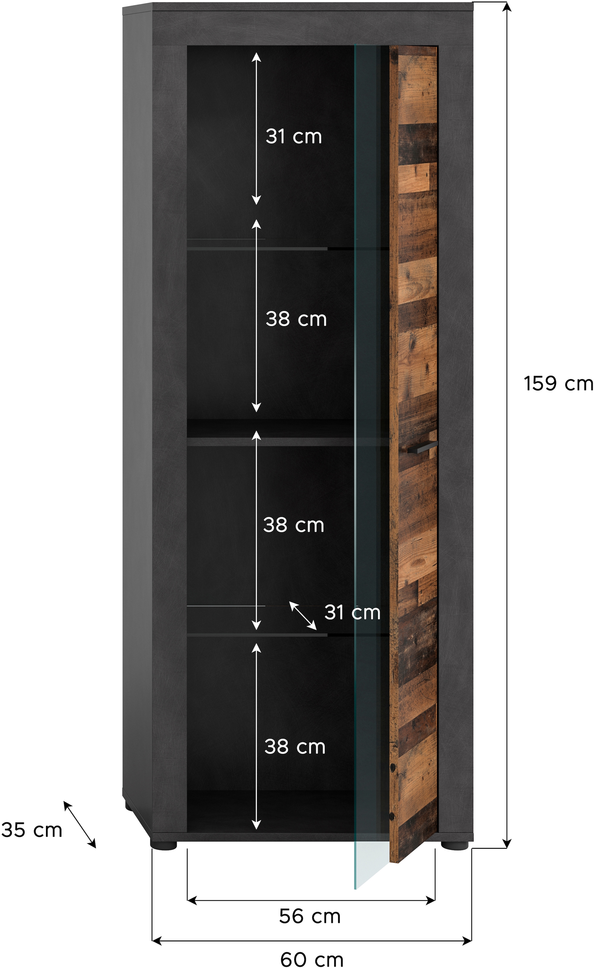 INOSIGN Vitrine »Aosta, Höhe 159 cm, in verschiedenen Farbausführungen« 1 Tür, 3 Einlegeböden, 4 Fächer, Wohnzimmer, Standvitrine, Glasvitrine