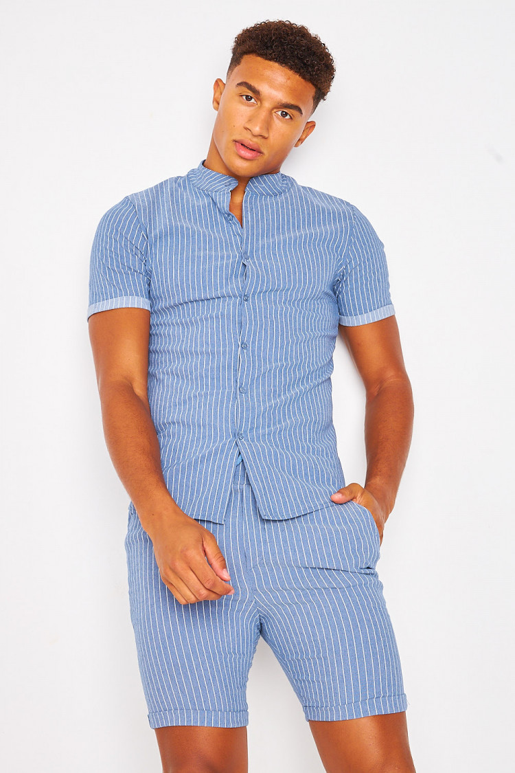 Chemise rayée bleue col officier