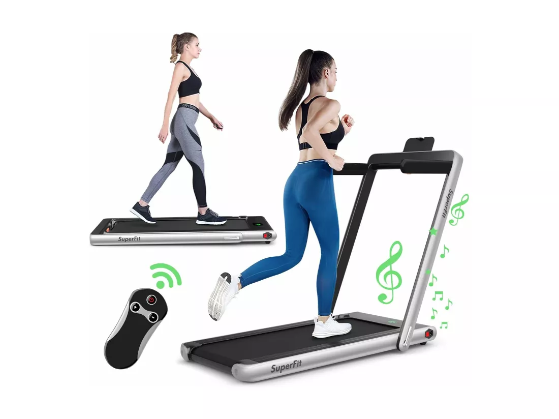 Tapis de Course Electrique Pliable 2 en 1 Contrôlé par APP 12 Km/H avec Ecran LED Haut-parleur Bluetooth Moteur 0,75HP (Argent)