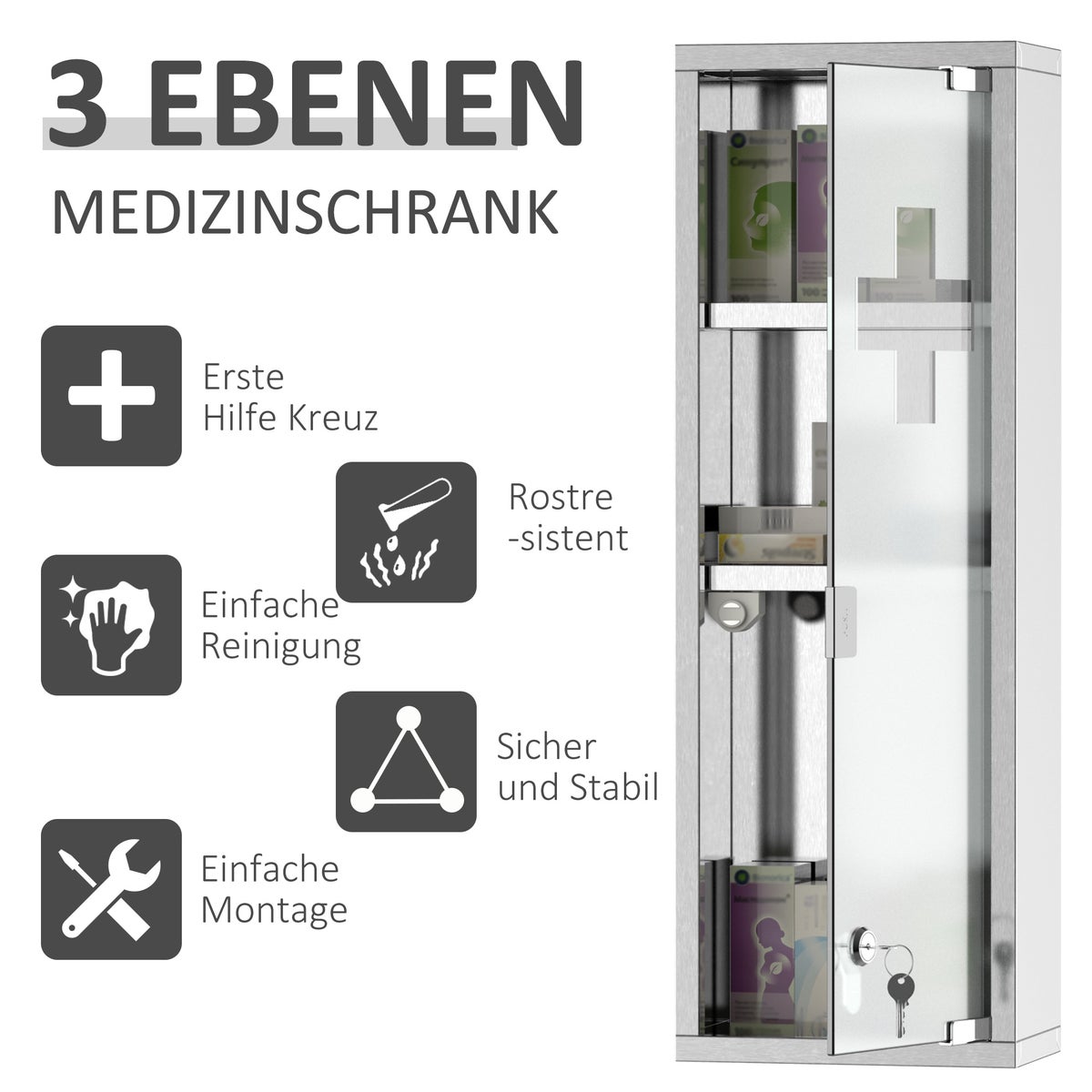 Kleankin Medicijnkastje, EHBO-kastje met slot, 3 planken, matglas, 430 roestvrij staal + gehard glazen deur, zilver, 20 x 12 x 58 cm