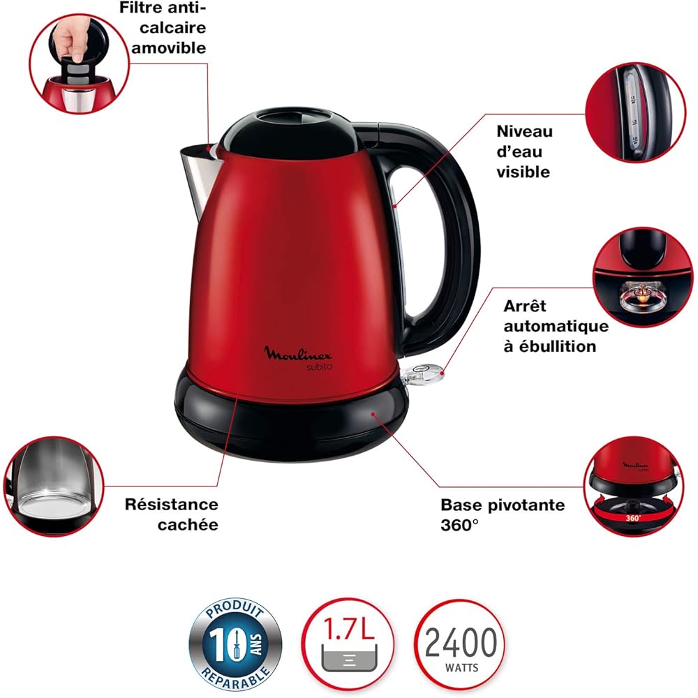 Moulinex LT260D11 Grille-Pain Toaster Subito 2 Fentes Décongélation Réchauffage Thermostat Réglable Rouge Inox 850W + BY540510 Bouilloire Électrique sans Fil Subito Rouge Inox 1,7 L 2400W : Cuisine et Maison