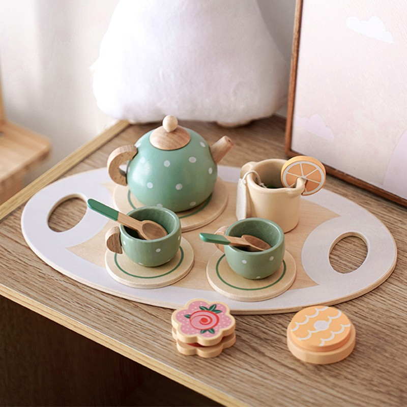(14-tlg. Set) Holz Teeservice Kinder Spielzeug Küchen Zubehör Tea Time Spielset inkl. Teekanne / Tassen - Blau