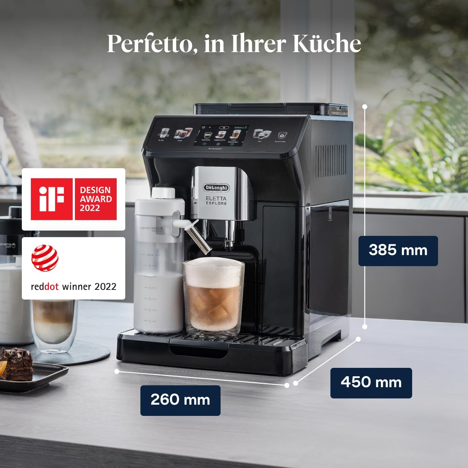 De'Longhi Eletta Explore - Perfetto Kaffeevollautomat mit LatteCrema-Milchaufschäumer, 50 Getränke inklusive Cold Brew auf Knopfdruck, farbiges Touch-Display, Dunkelgrau (ECAM452.67.G)
