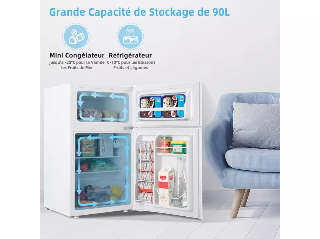 Réfrigérateur à Double Porte 90 L, Réfrigération Rapide, Économie d'énergie, Réfrigérateur en Métal avec 7 Niveaux de Température, 48,5 x 49,5 x 86 cm (Blanc) [Classe énergétique E]
