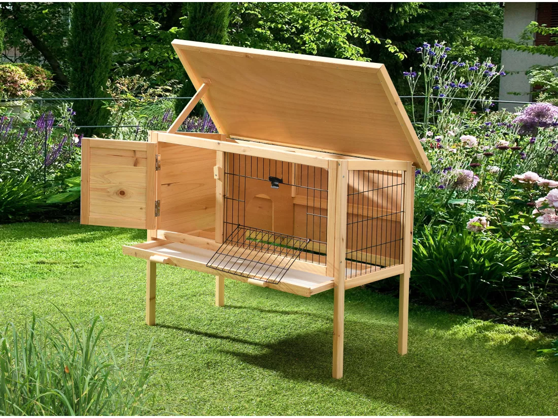 Clapier en bois sur pieds pour lapins et rongeurs - L. 91 x P. 45 x H. 70 cm - Naturel - LAPIUS