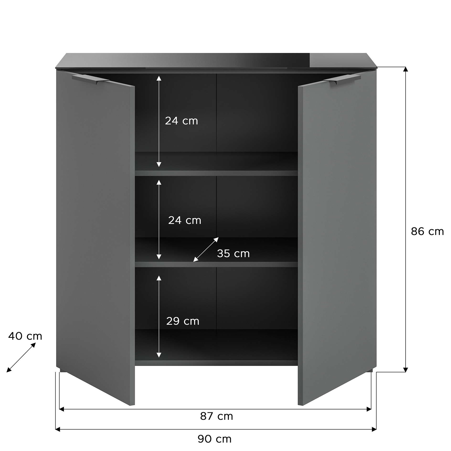 Kommode RAY - anthrazit - Glasplatte - 90 cm