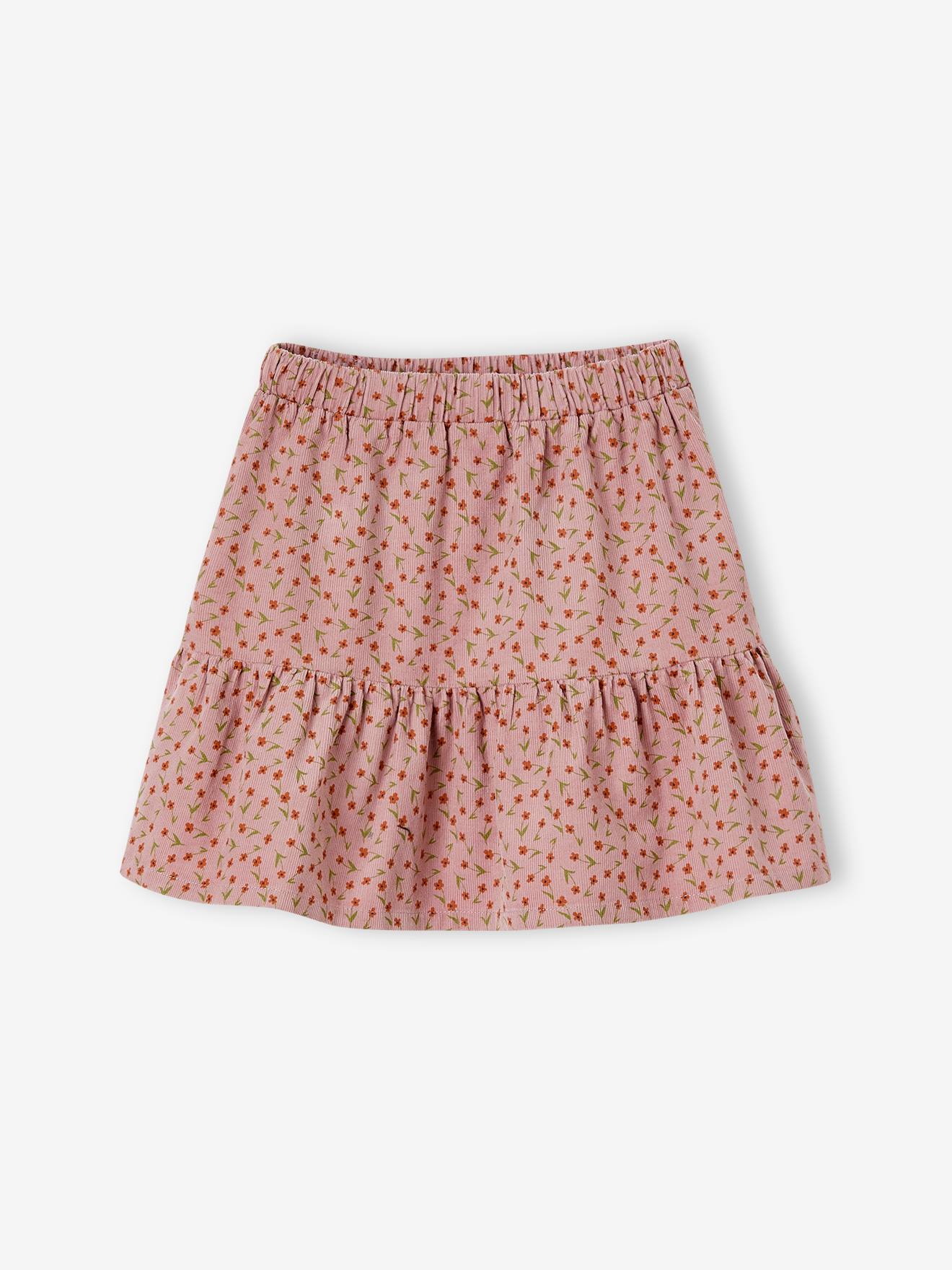 Saia de veludo com babados e estampa floral para meninas, rosa antigo