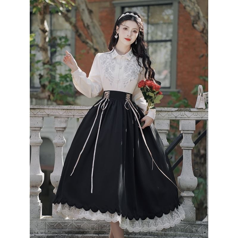 Pinocle - Traditioneel Chinees shirt met lange mouwen / Maxi-rok met hoge taille / Set