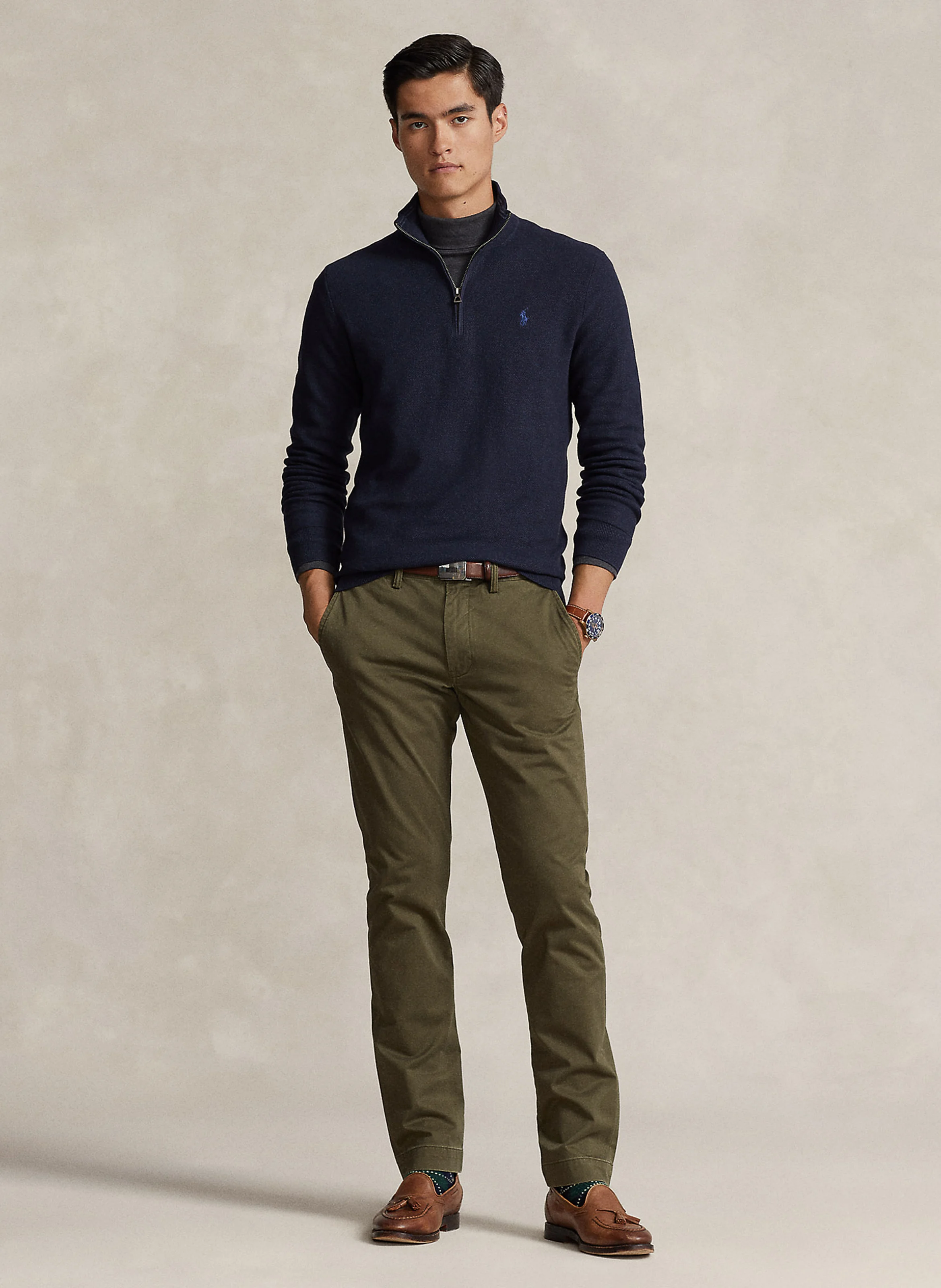 Pull col montant zippé en coton piqué | Bleu