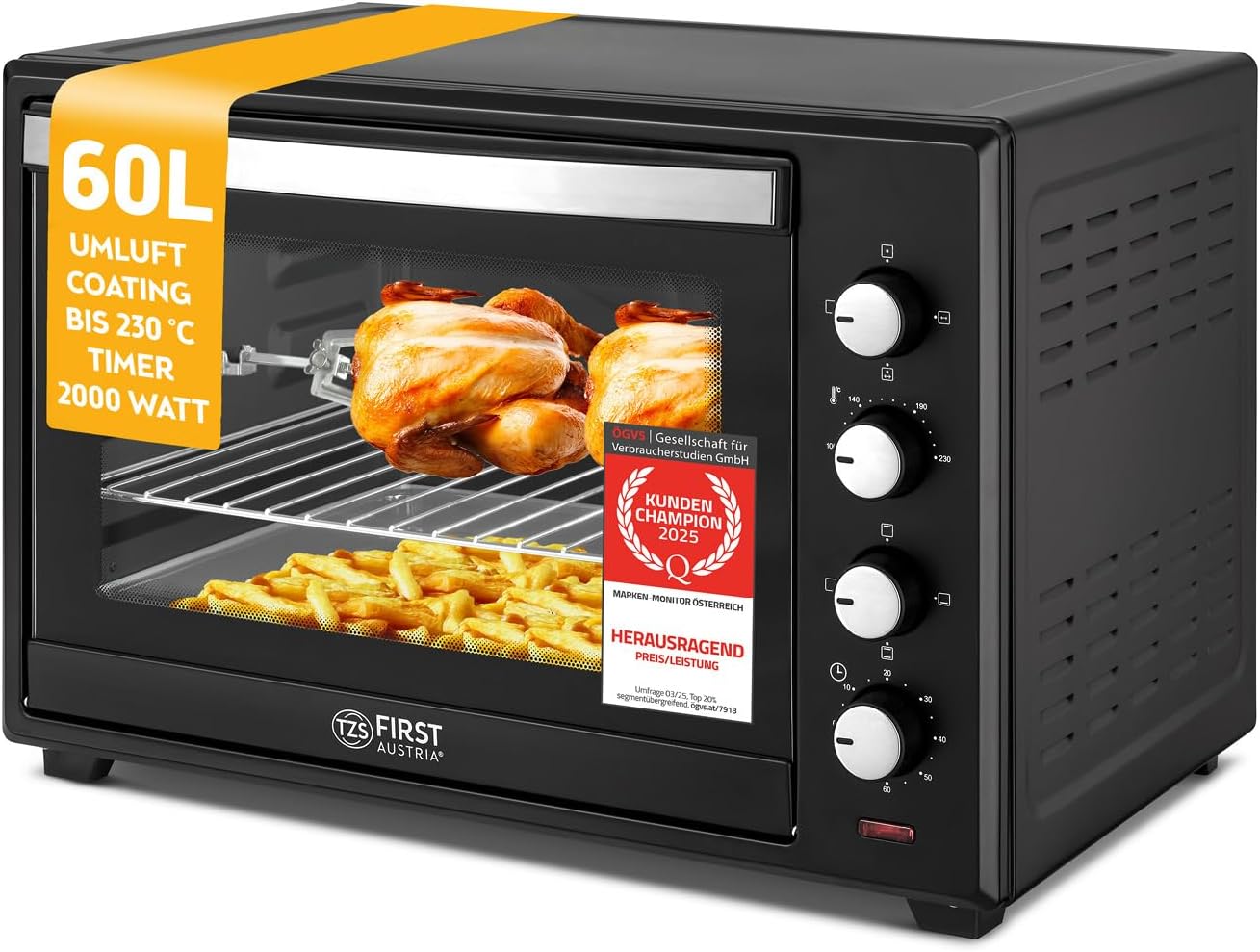 TZS First Austria - Minibackofen 60L 2000W - Mini Backofen Pizzaofen Temperaturregelung bis 230°C & 6 Modi - Geräumiger Miniofen mit 60 Min. Timer, 4 Einschubhöhen, Backblech, Grillrost & Drehspieß