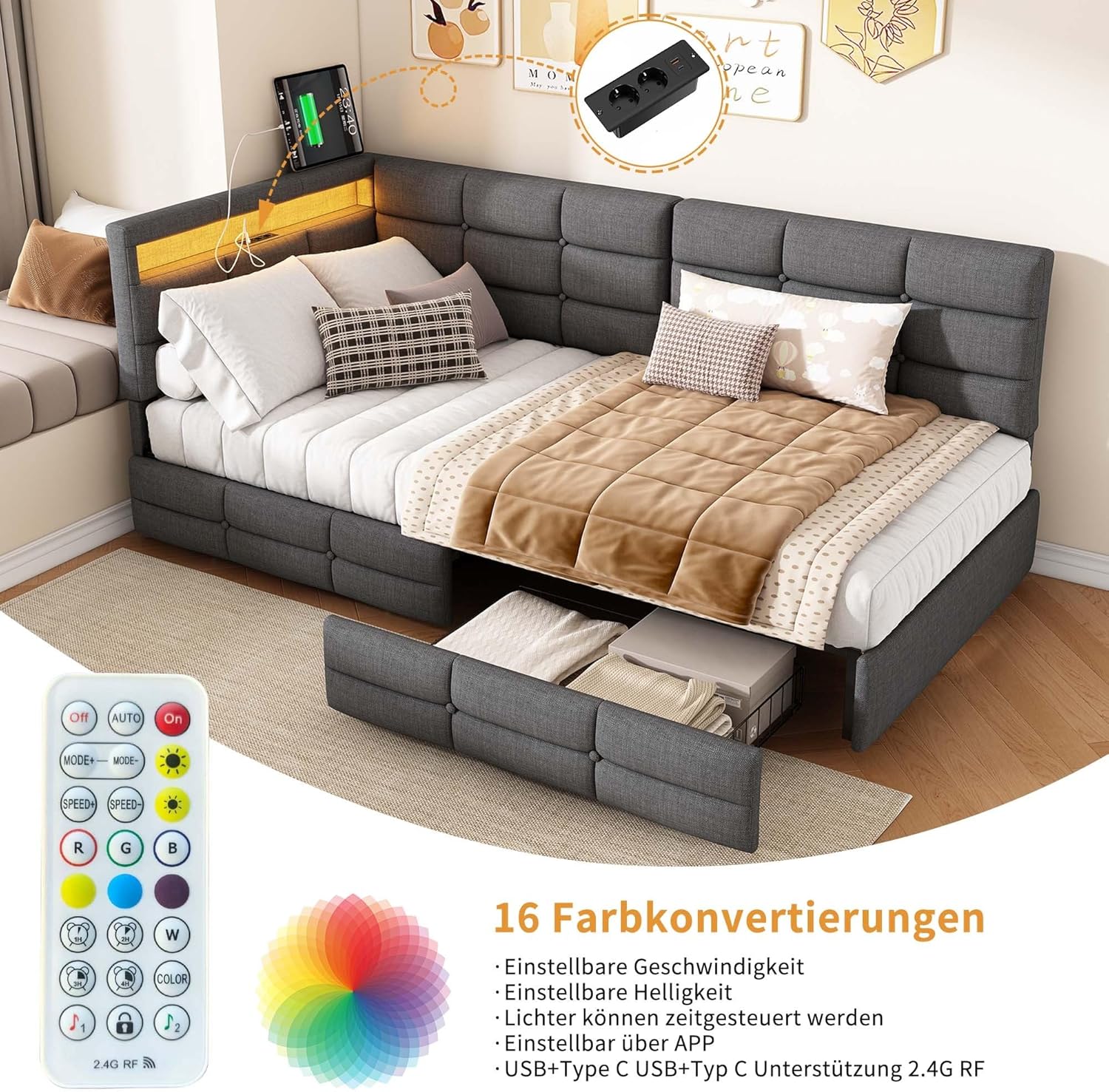 Polsterbett Schlafsofa 90x200 mit LED-Beleuchtung, Kinderbett Einzelbett mit Stauraum Schubladen und Kopfteil, Tagesbett Jugendbett Bettgestell mit Lattenrost, ohne Matratze (Graues Leinen 90cm) YB9581040