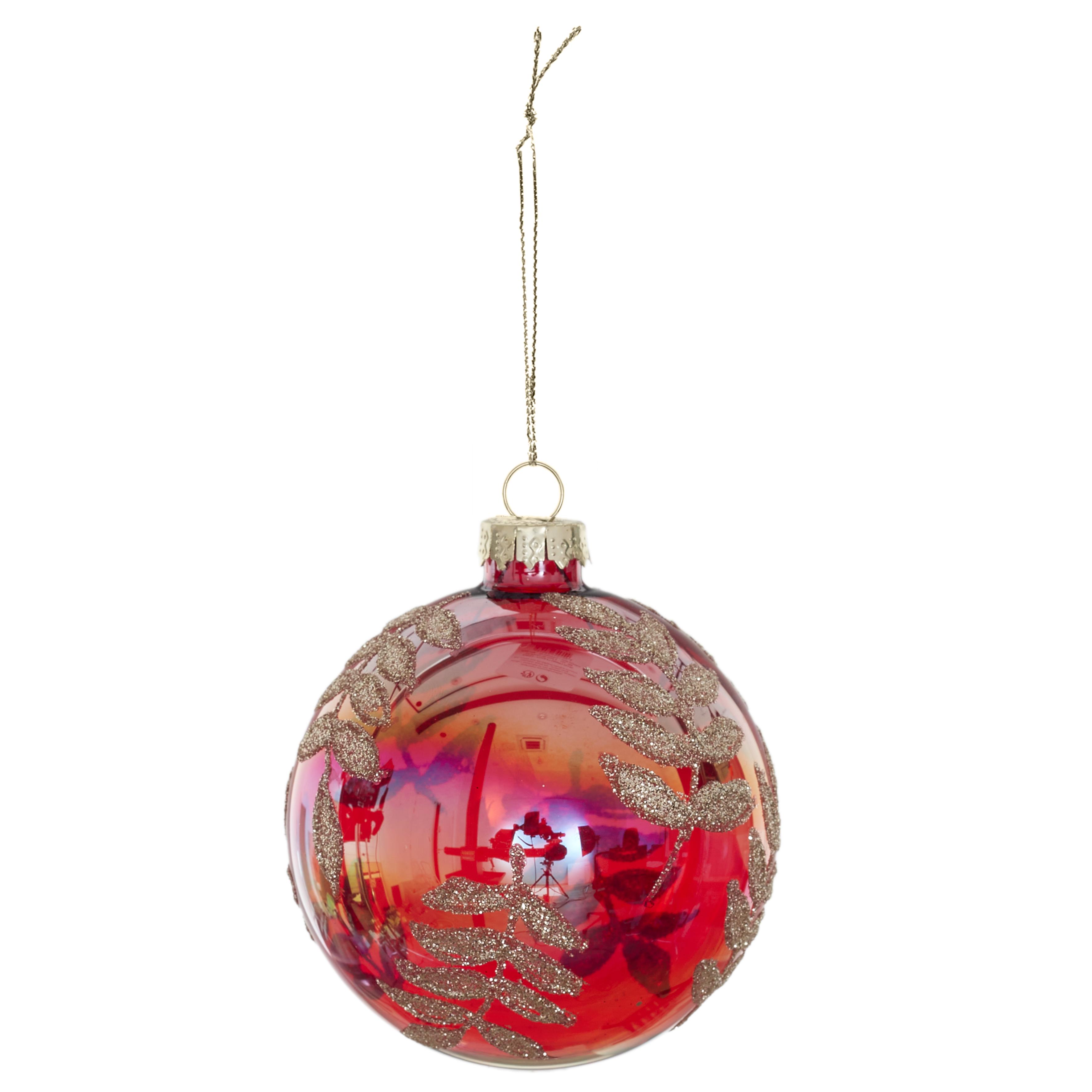 BOULE VERRE ROUGE IRISE FEUILLES DOREES D.8CM