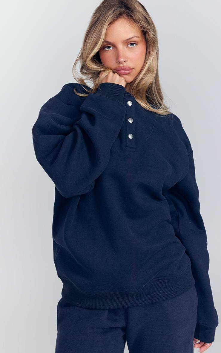 Bleu Marine Sweat-shirt Boutonné En Molleton De Coton Style Polo