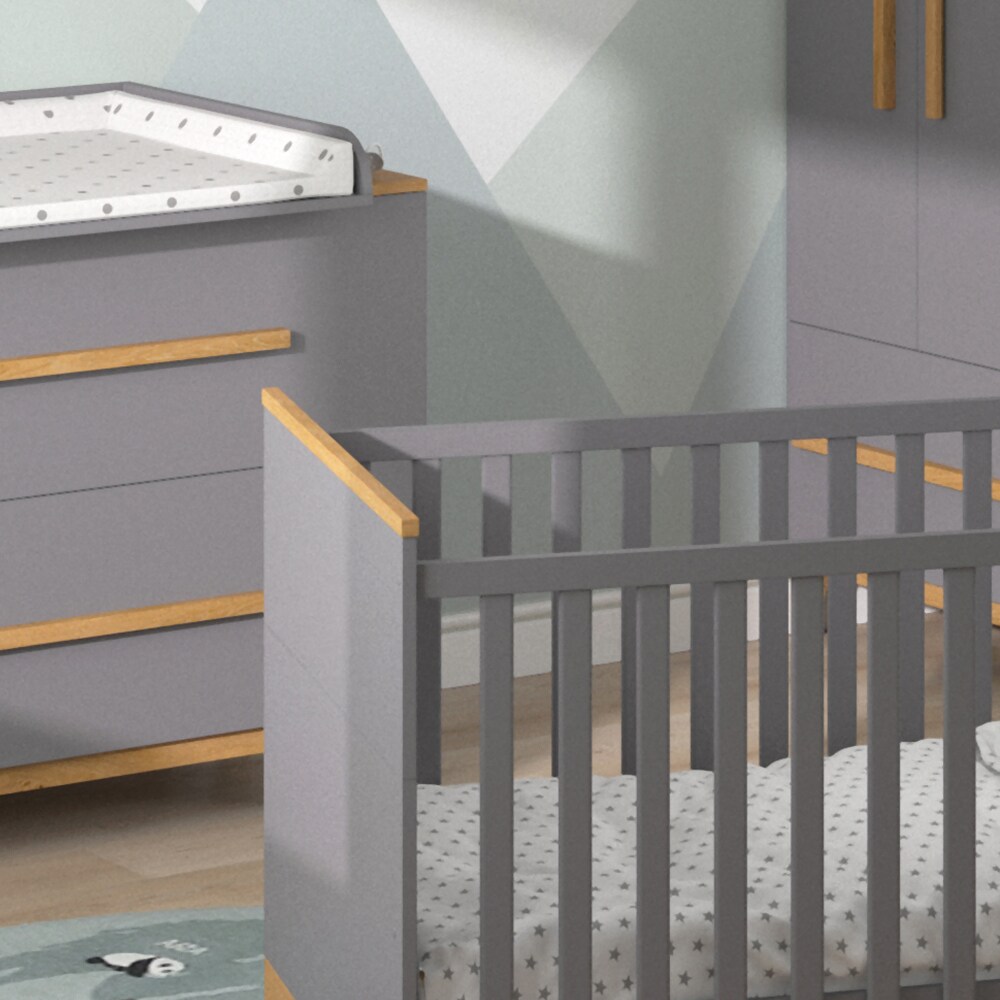 VitaliSpa Babymöbel Set Malia Grau Eiche Wickelkommode Wandregal Kinderbett Kleiderschrank Kinderzimmermöbel Wickelauflage Aufbewahrung Lattenrost Rausfallschutz Kleiderstange