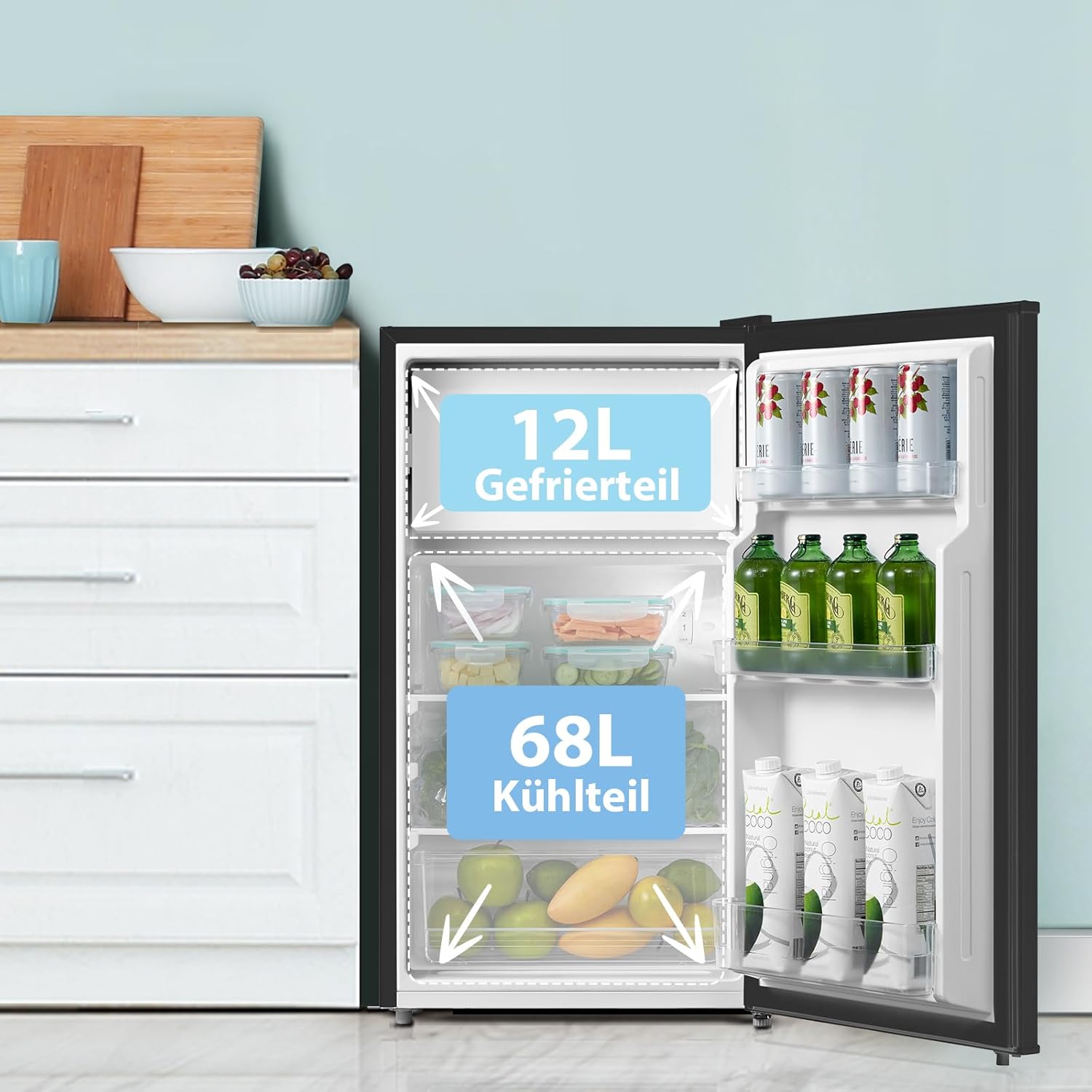 Comfee RCD115DK2 Kühlschrank mit Gefrierfach/ 80L Tischkühlschrank/mit 12 L Gefrierfach/ -18 °C bis -8 °C/ 4-Sterne-Gefrierschrank-Bewertung/ 137 kWh/Jahr/Einstellbare Temperaturregelung/Schwarz