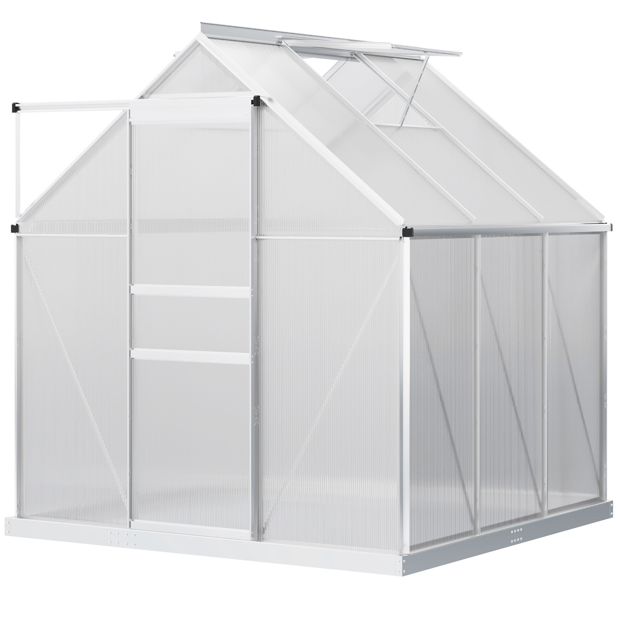 Estufa de jardim Outsunny em policarbonato e alumínio, 190x190x200 cm (3,6 m²), com base, porta de correr e 2 claraboias, para cultivo de plantas e sementes. Transparente.