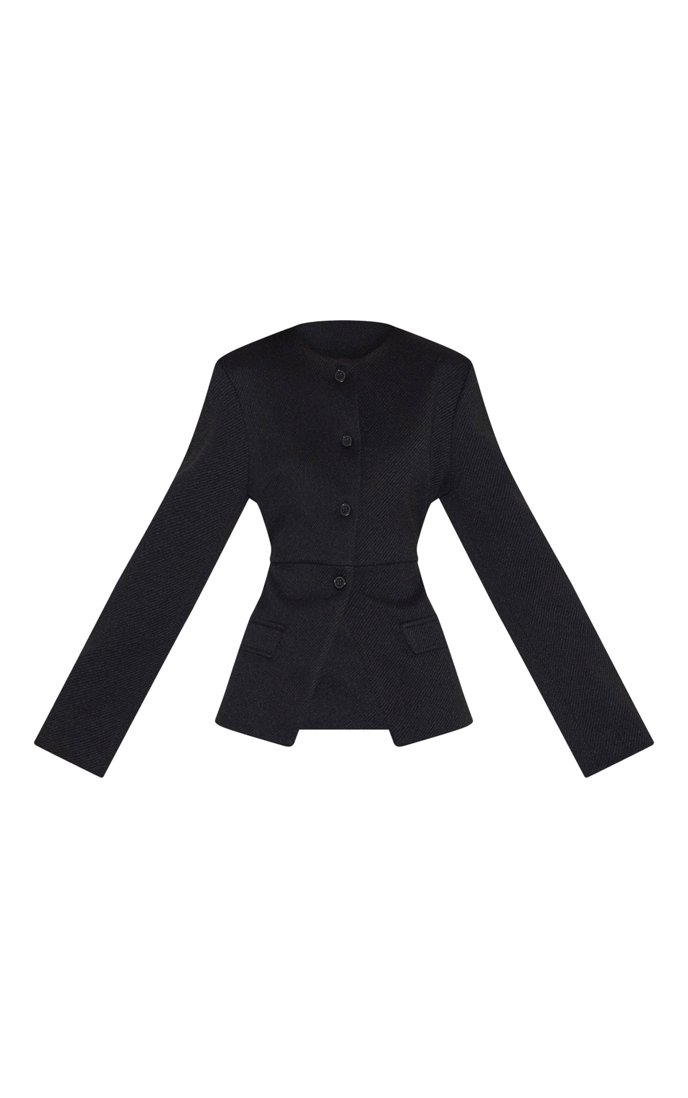 Noir Blazer Long Sans Col Avec Boutons