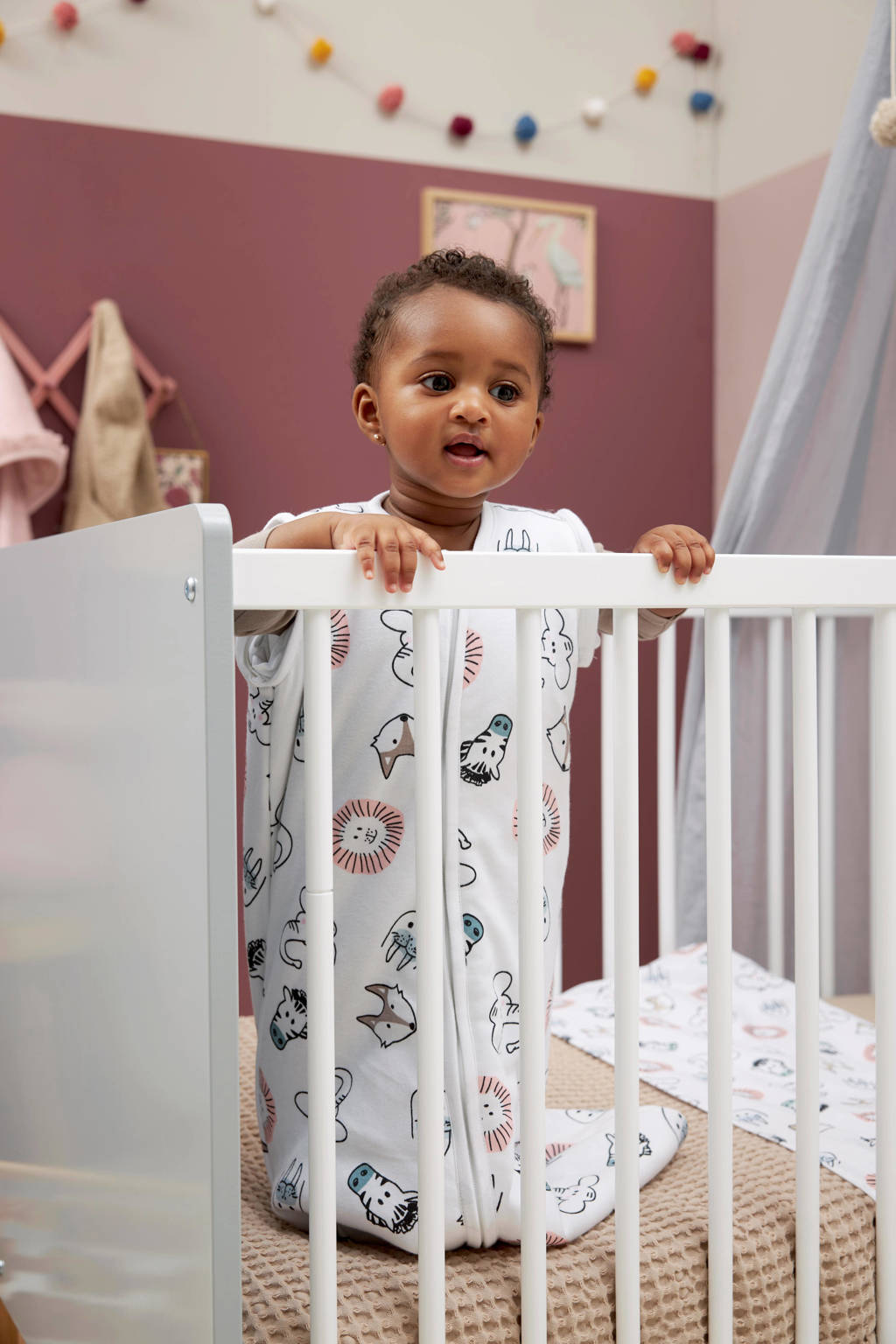 baby slaapzak met afritsbare mouwen Animal wit/bruin/zwart 60 cm