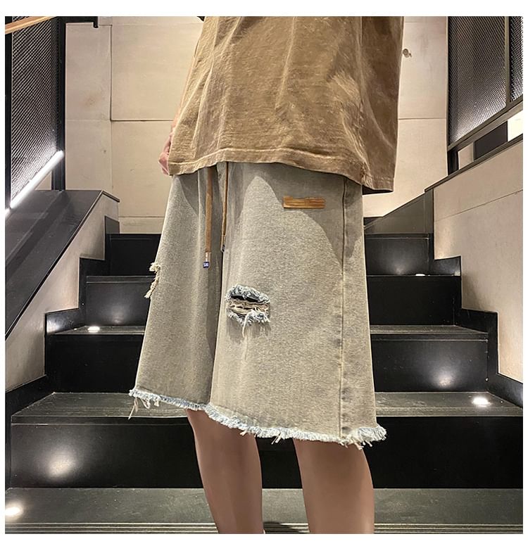 Phoneus - Trekkoord taille applicatie gewassen gerafelde versleten wijde denim shorts