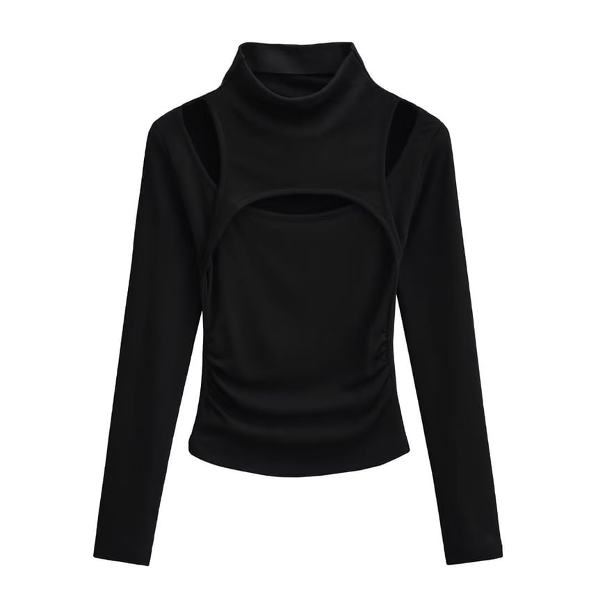 Osion - T-shirt met lange mouwen, nephals en tweedelig, effen, geplooid en slim fit T-shirt met uitsparingen