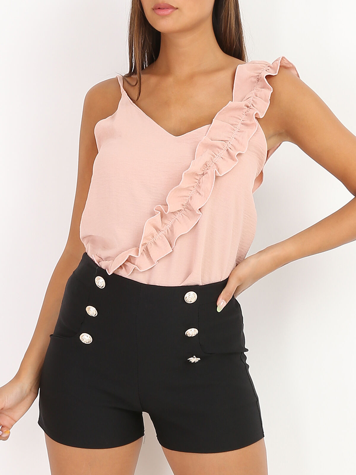 Short à boutons taille haute élastiquée- Noir