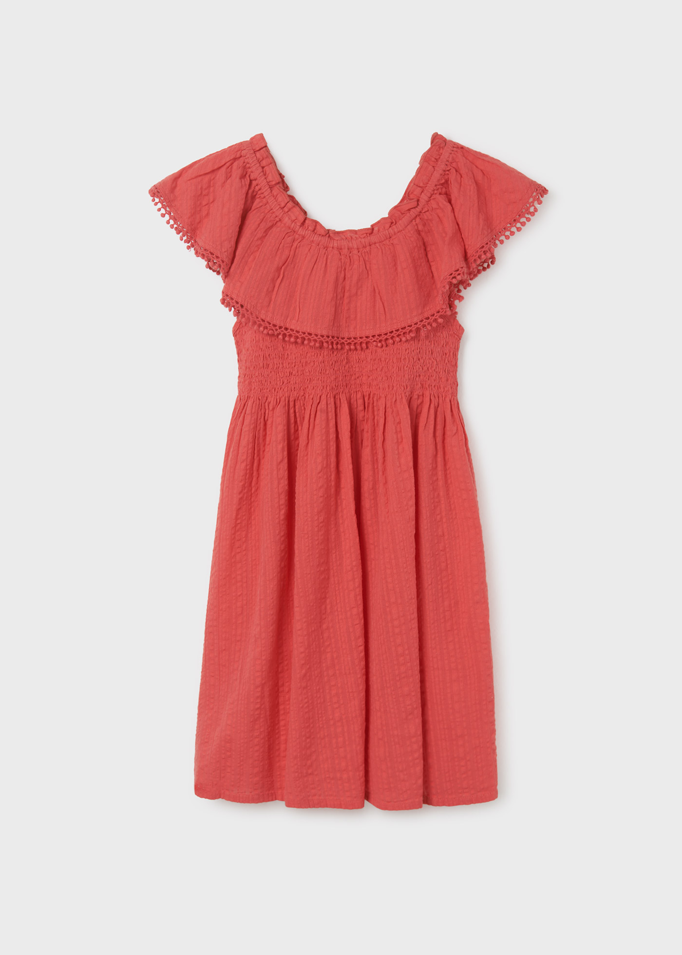 Vestido infantil de algodão com babados e detalhes franzidos
