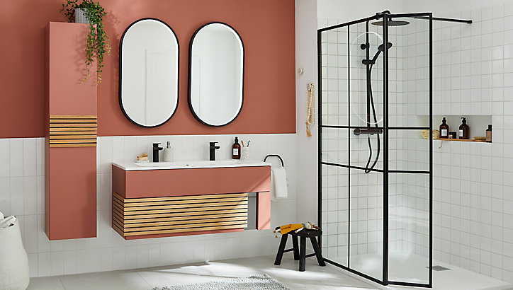 Meuble sous vasque à suspendre Archi terracotta mat 120 cm + plan vasque en Céramyl® Decotec pour 2 mitigeurs