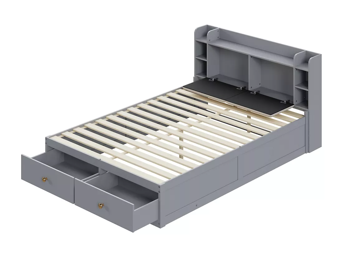 Lit combiné enfant 140 x 200 cm - Avec rangement - Avec 2 tiroirs - Avec table de chevet - Avec grand meuble de rangement - Avec tabouret - Gris (sans matelas)