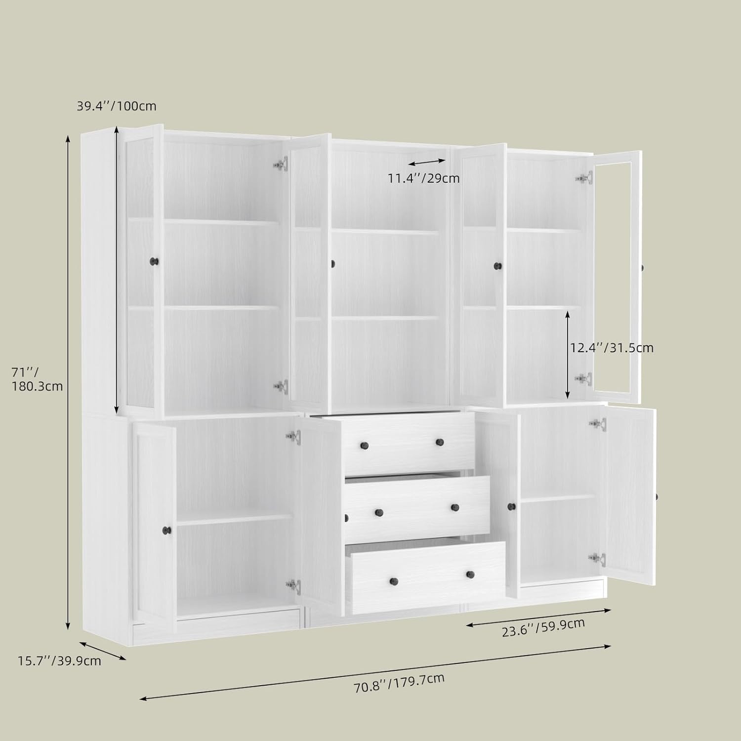 VOWNER 5-stöckiges Bücherregal mit Glastüren, 180 cm Vitrinenschrank, Küchenschränke, Küchenschrank Hochschrank, Buffetschrank für Küche, Wohnzimmer, Esszimmer, weiß, 3PCS (Weiß)