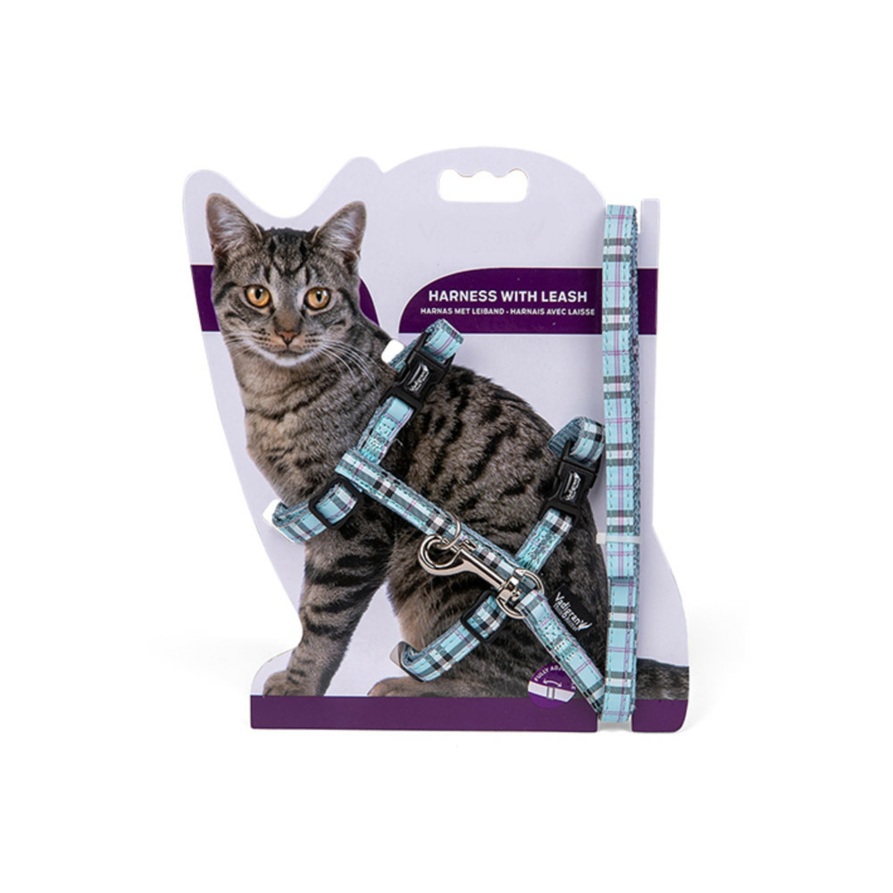Harnais + laisse 120 cm, écossais bleu, réglable, pour chat.