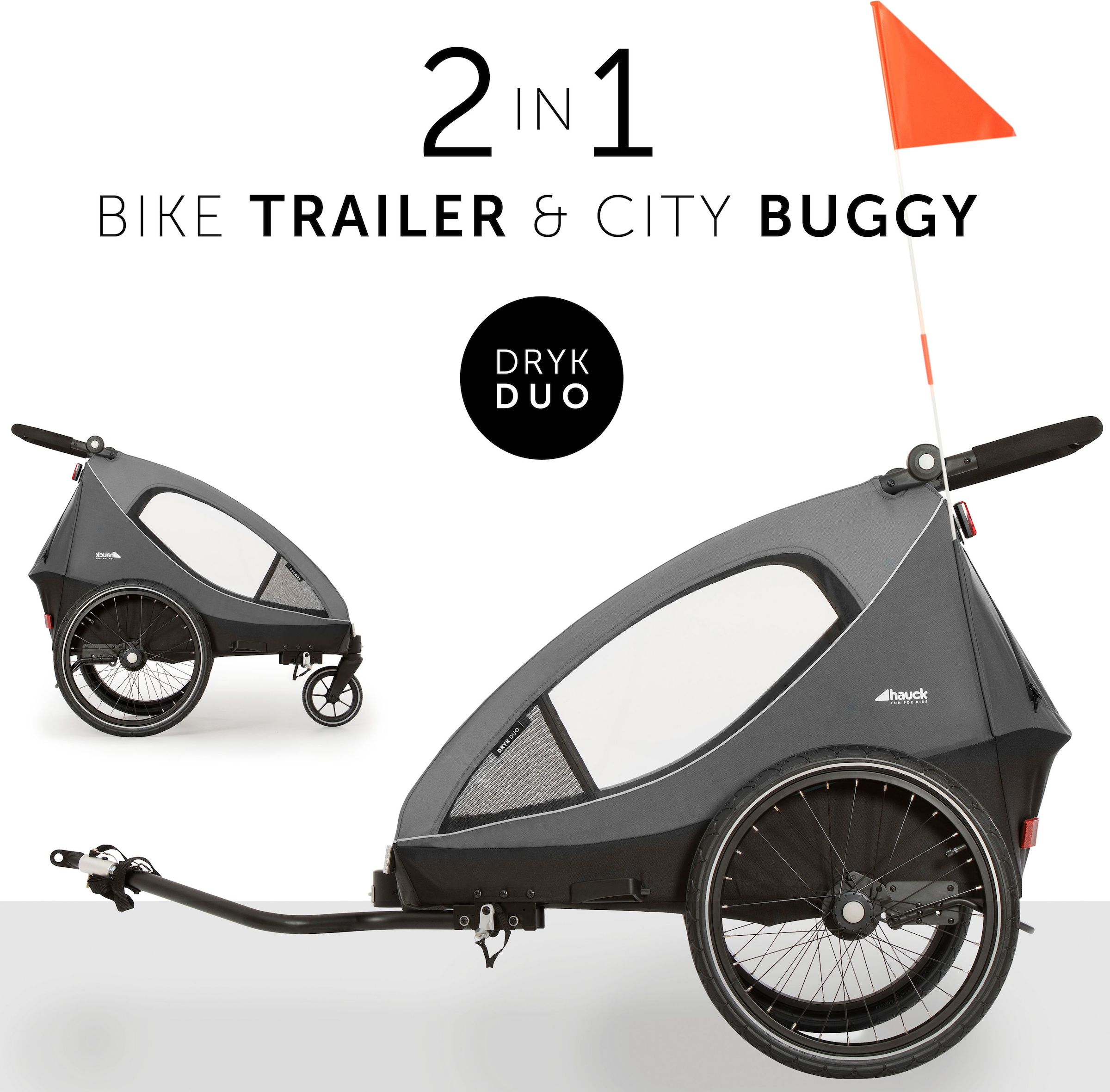 Hauck Fahrradkinderanhänger »2in1 Bike Trailer und Buggy Dryk Duo, grau« für 2 Kinder; inklusive Deichsel
