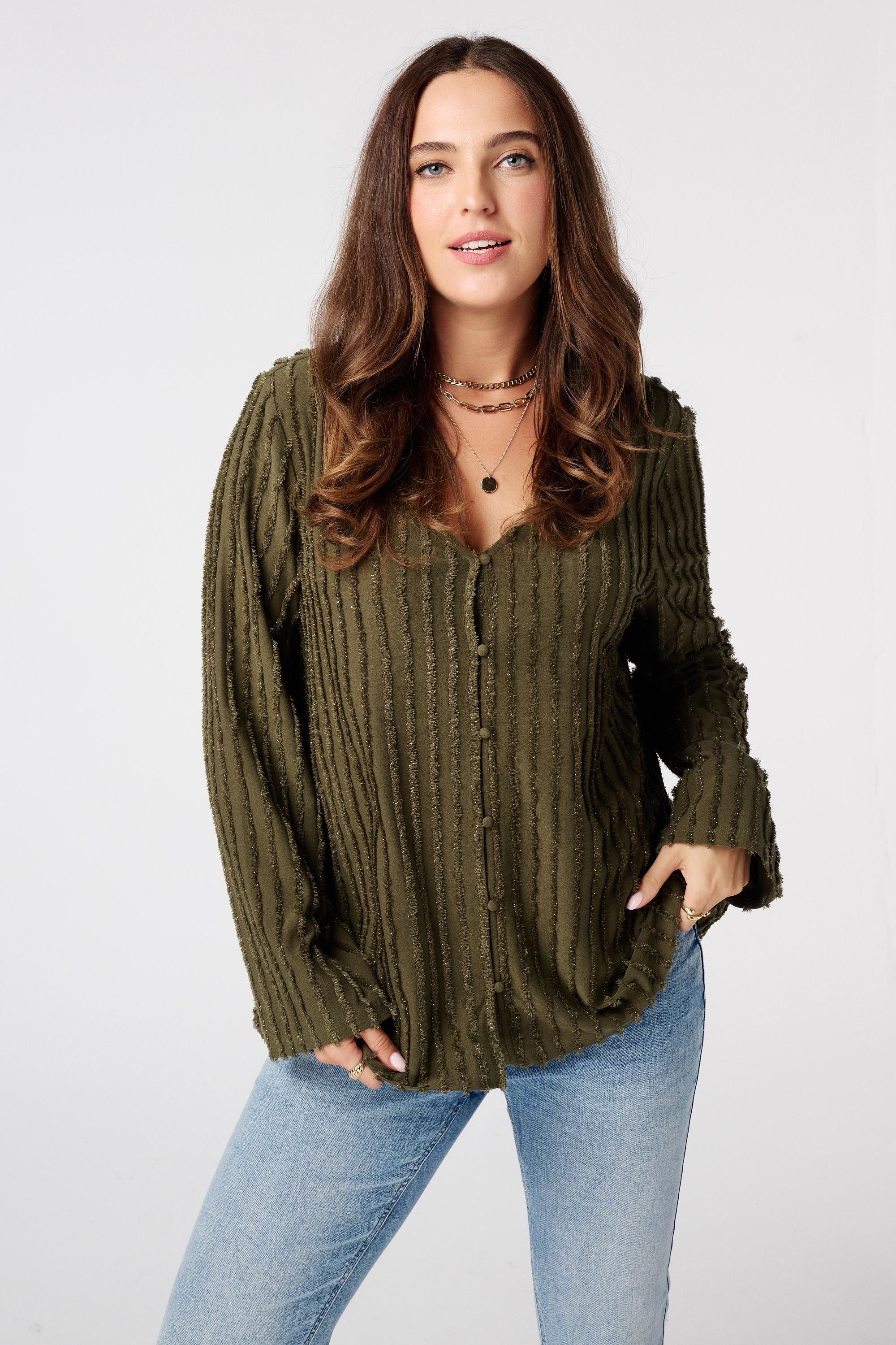 Top met franje structuur Khaki