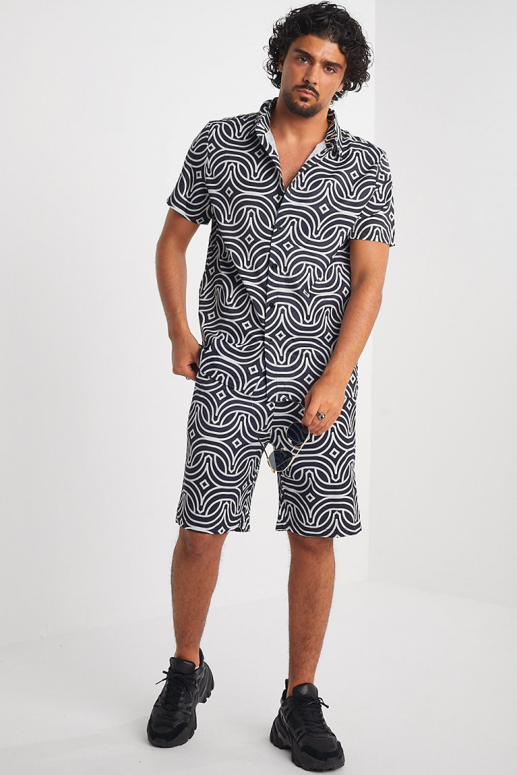 Ensemble 2 pièces chemise + short noir à motif géométrique