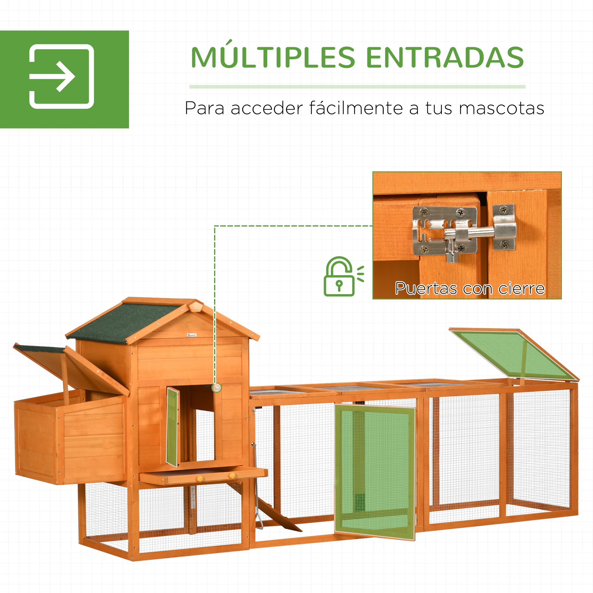 Galinheiro de madeira PawHut, 297,5 x 68 x 118 cm, gaiola grande para 3 a 6 galinhas com telhado de asfalto, cercado de metal, porta com trava, ninho, bandeja removível e rampa natural.