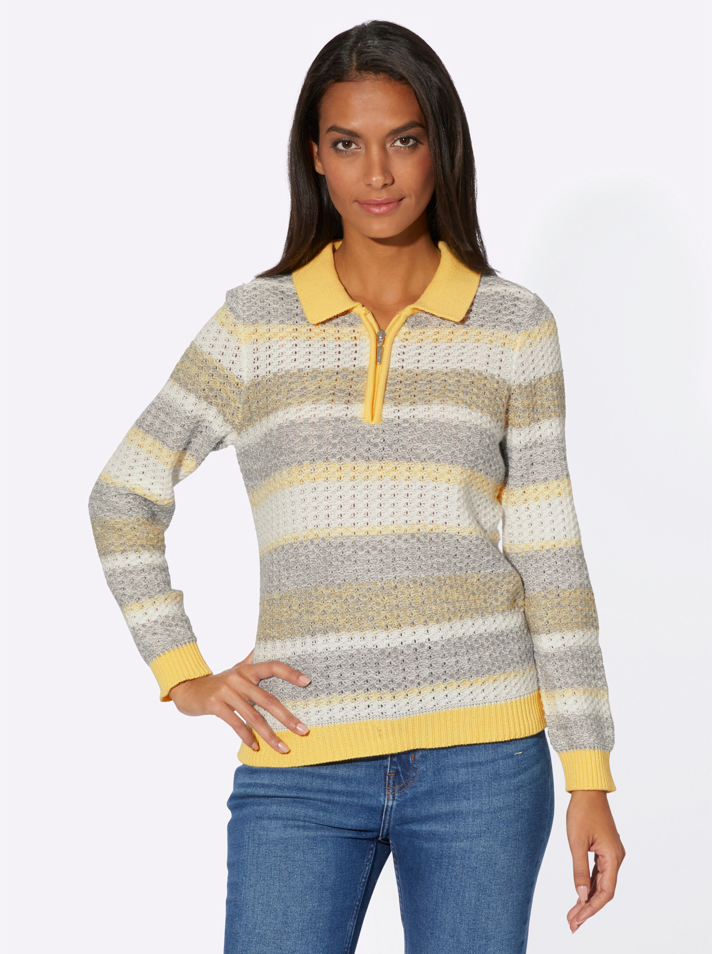 Polopullover in zitrone-steingrau-geringelt