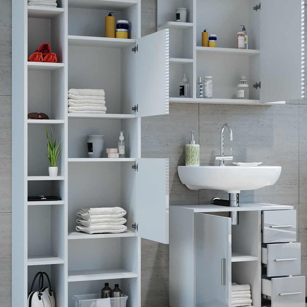 Vicco Badmöbelset Ilias Weiß Hochglanz modern Badezimmer Schrank Badschrank Waschtischunterschrank Spiegelschrank Hochschrank Schranktür Schrankschublade Schrankfach Ablage Aufbewahrung