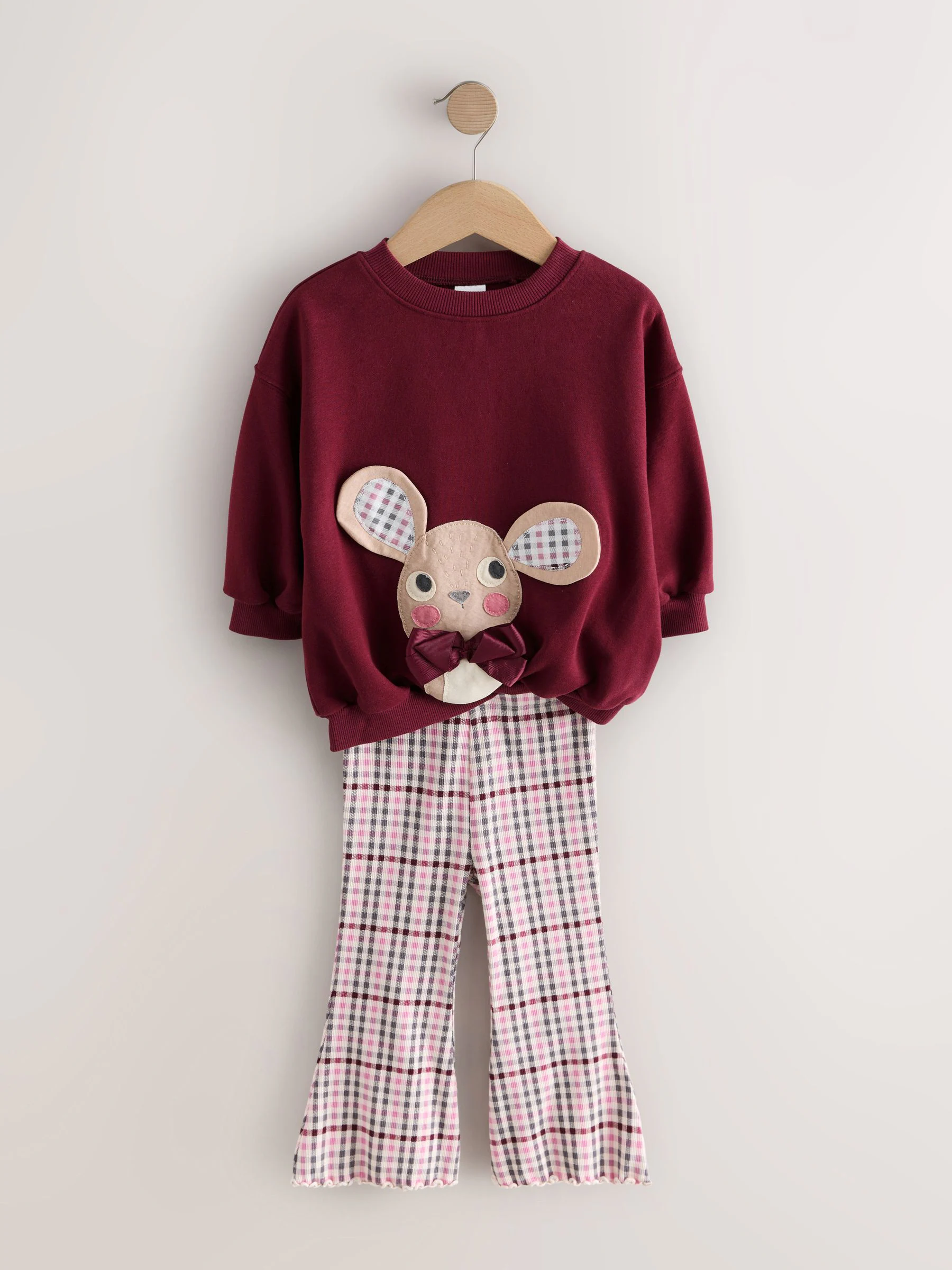 Burgundy Red Check Mouse - Set van sweatshirt en uitlopende legging (3 mnd - 7 jr)