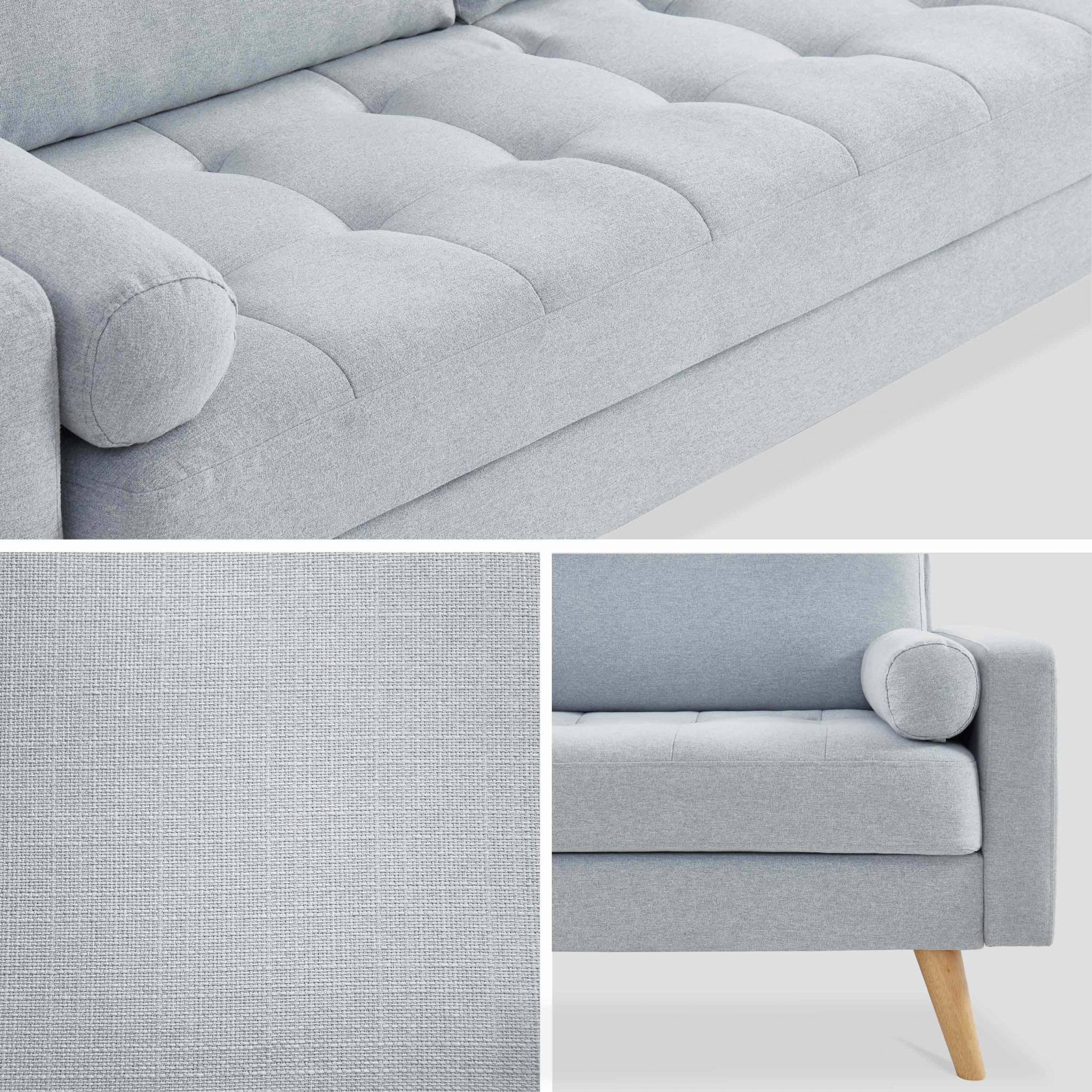 Canapé en tissu gris clair. 3 places scandinave fixe. Droit. Pieds bois
