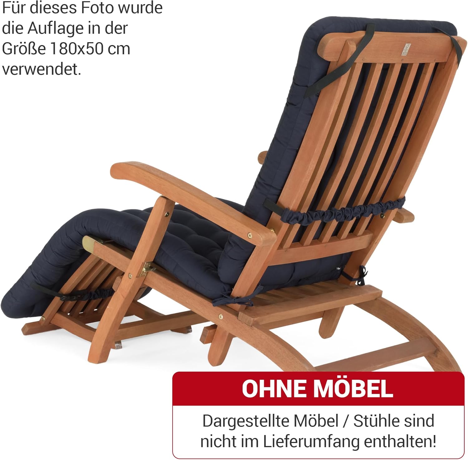 Auflage für Deckchair 180x50 cm - Bequeme Liegestuhl Auflage, 8 cm Dick - Waschbar bis 95°C, Orthopädisch, Wetterfest - Made in Germany (180x50 cm, Marine Blau)