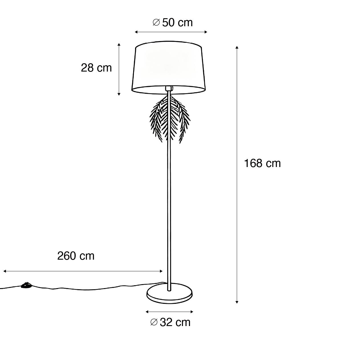 Vloerlamp goud 145 cm met katoenen kap zwart 50 cm - Botanica