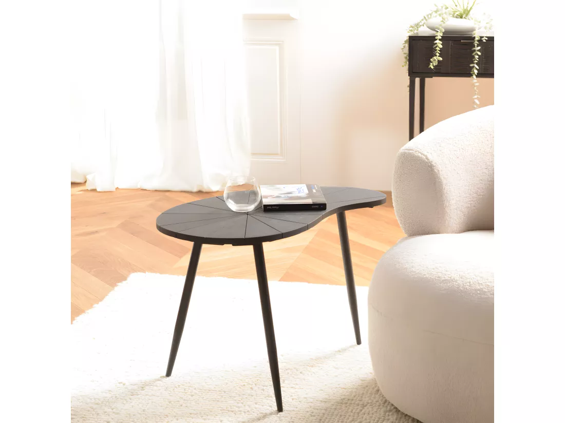 JAMES - Table d'appoint ovoïde plateau texturé noir mat pieds fer noir